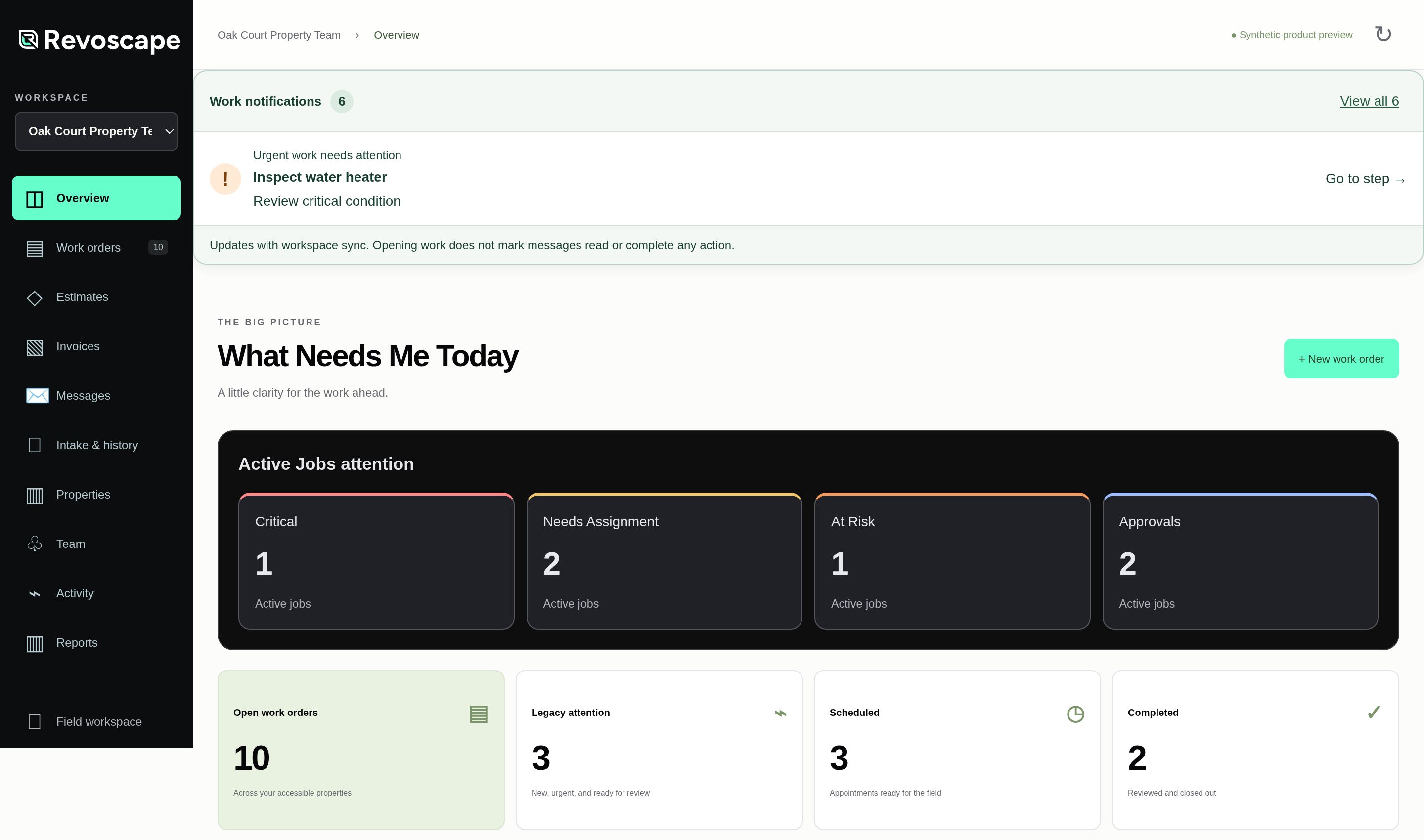 Development preview of maintenance work, showing a sample job’s context and the next decision.