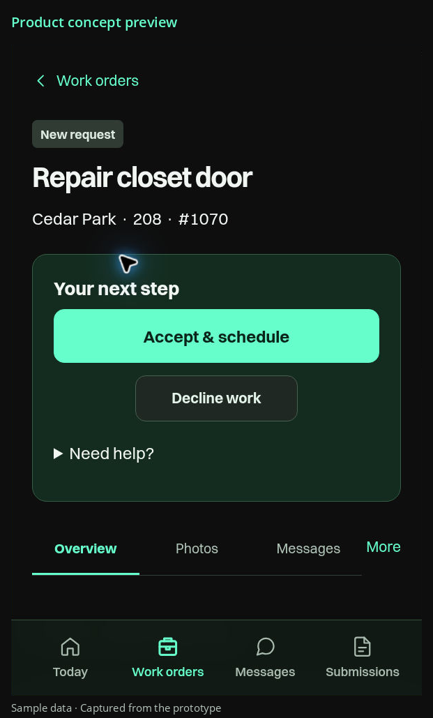Development preview of a vendor’s sample repair assignment, with the requested work and response options kept together.